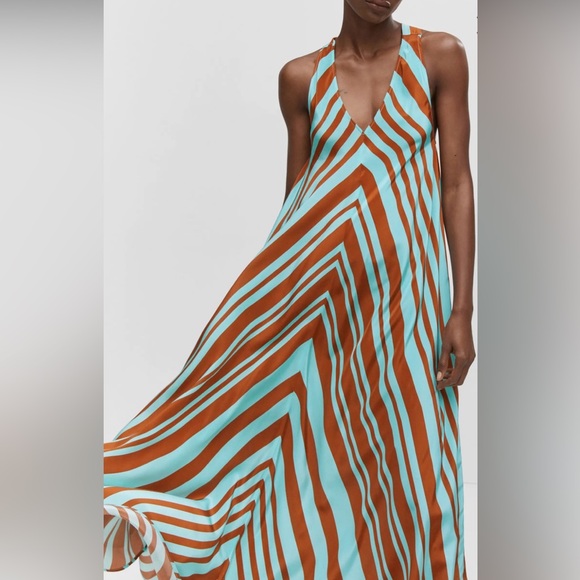 Mango Chevron Striped Blue/Brown Maxi Dress M NWOT - Picture 2 of 7